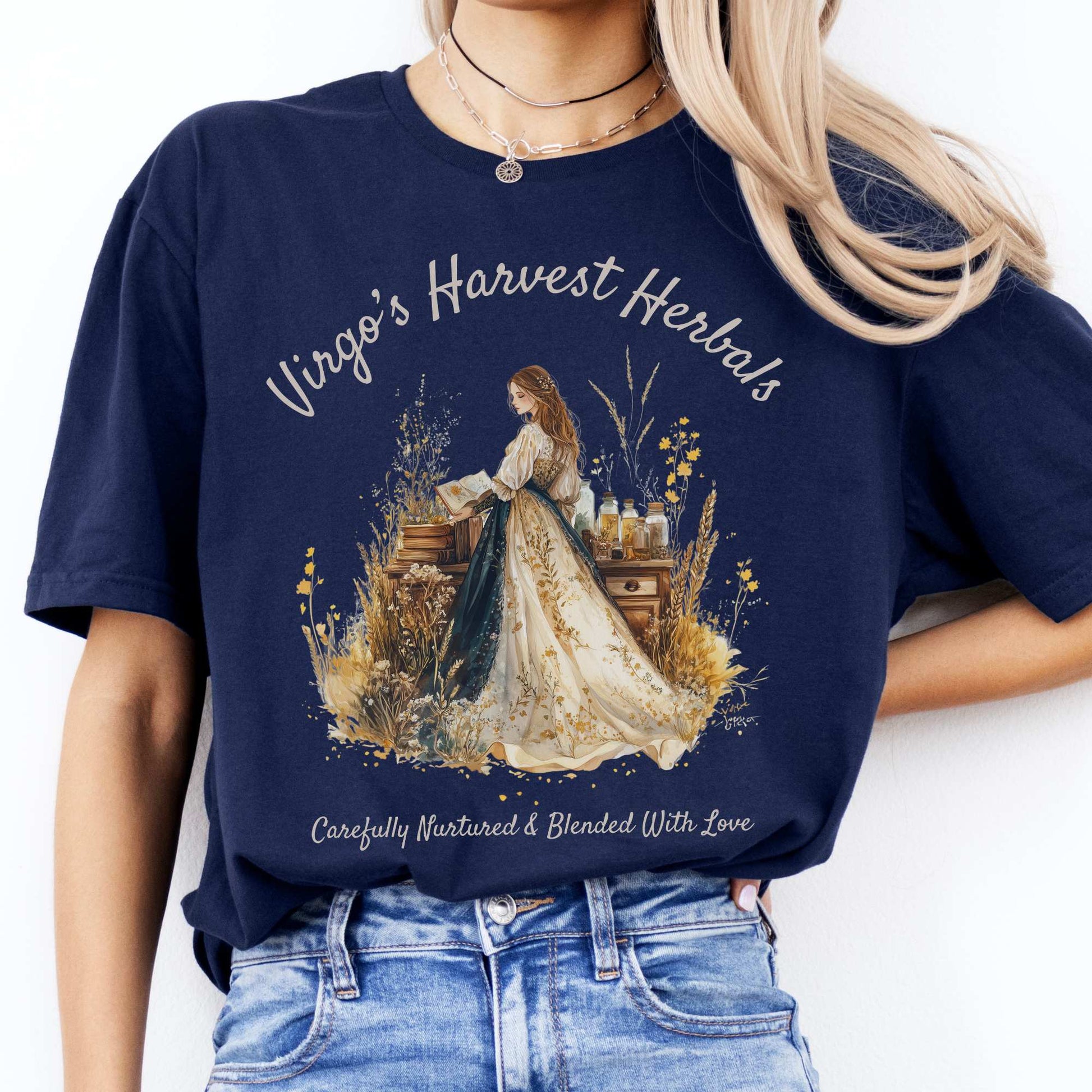 Virgo's Harvest Herbals Zodiac Shirt Navy / S T-Shirt The Mystic Eden Bookish Book Lovers