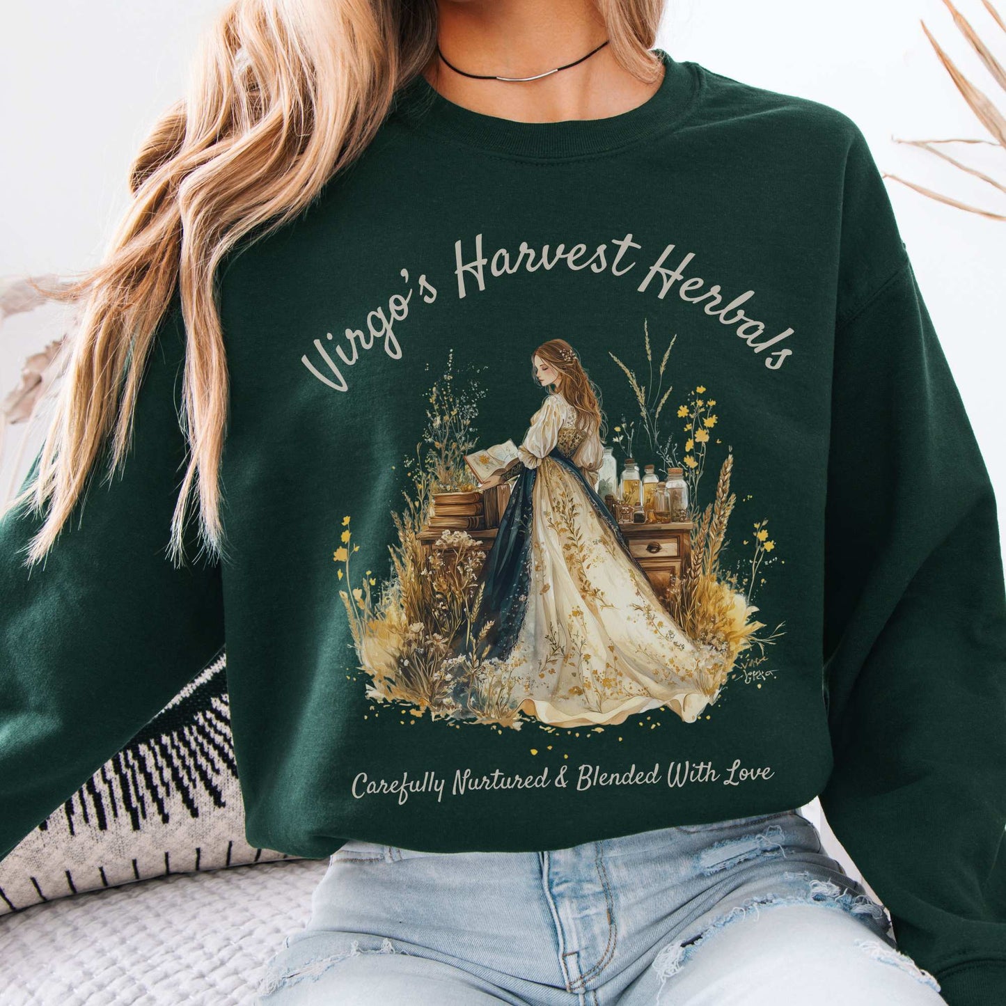 Virgo's Harvest Herbals Zodiac Sweatshirt Forest Green / S Sweatshirt The Mystic Eden Bookish Book Lovers