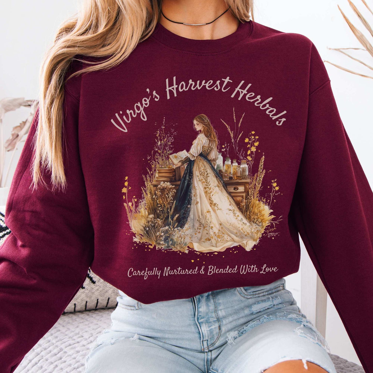 Virgo's Harvest Herbals Zodiac Sweatshirt Maroon / S Sweatshirt The Mystic Eden Bookish Book Lovers