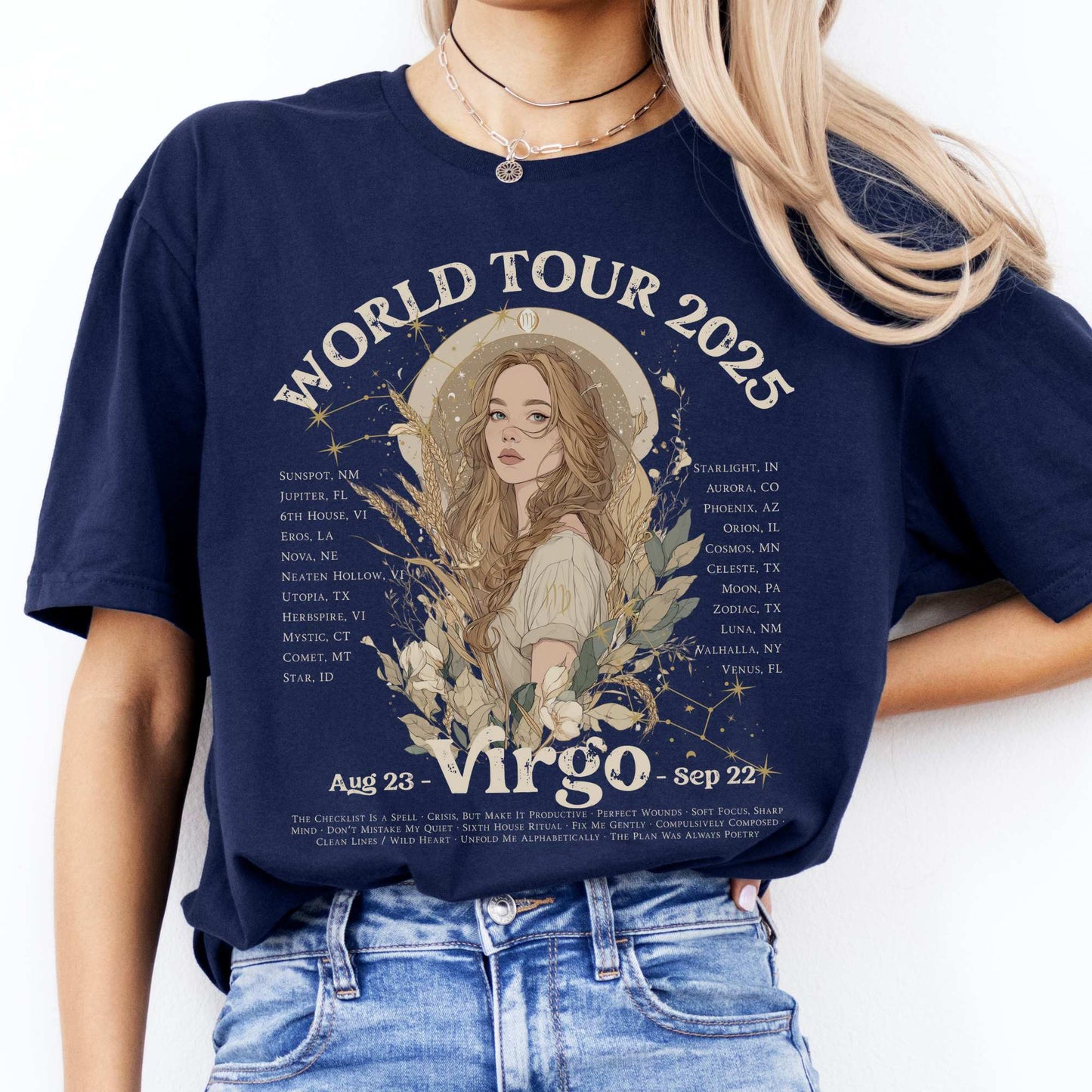 Virgo Zodiac Concert T-Shirt - Zodiac World Tour 2025 Shirt Navy / S T-Shirt The Mystic Eden Bookish Book Lovers
