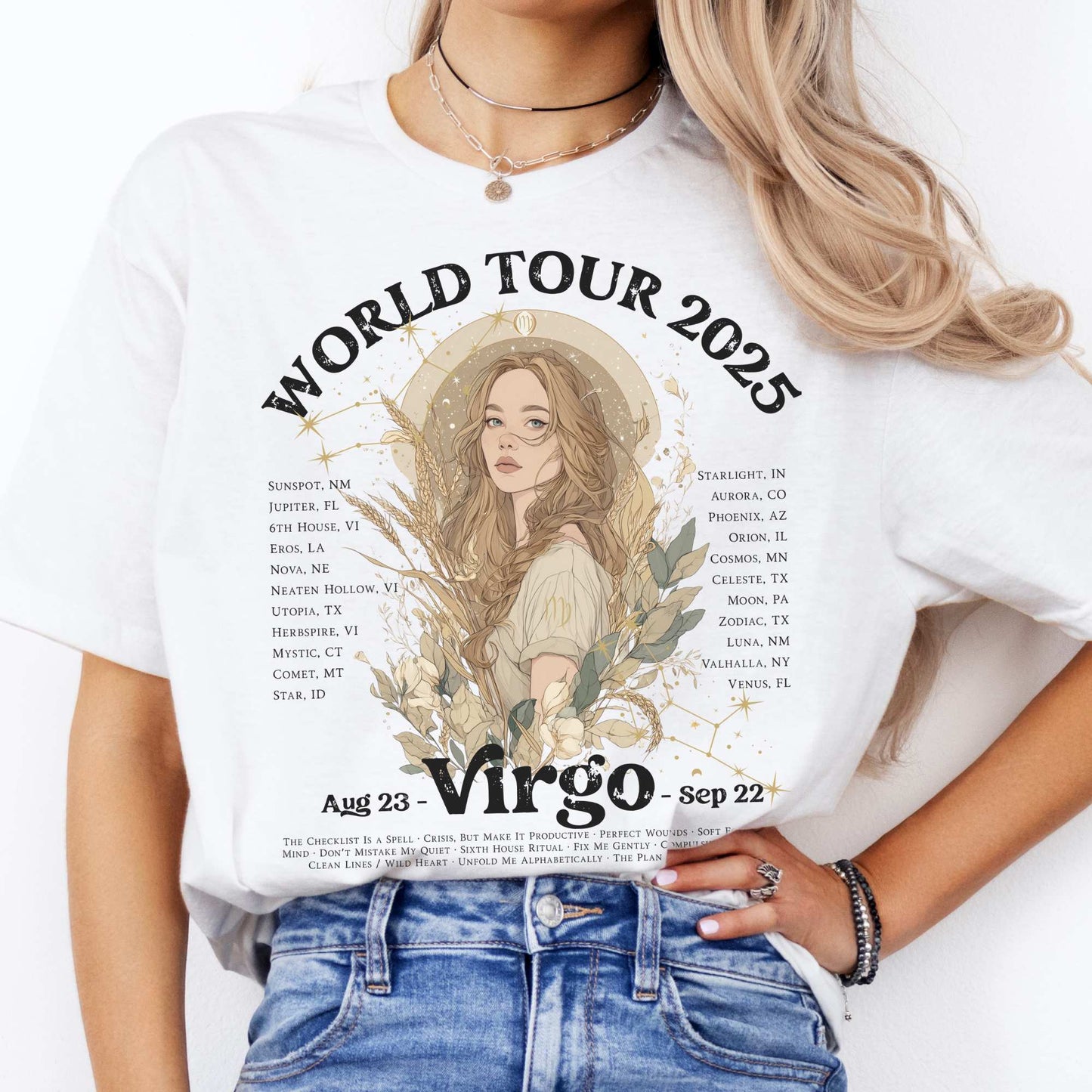 Virgo Zodiac Concert T-Shirt - Zodiac World Tour 2025 Shirt White / S T-Shirt The Mystic Eden Bookish Book Lovers