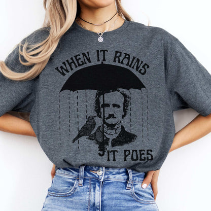 When It Rains It Poes Tee Dark Heather / S T-Shirt The Mystic Eden Bookish Book Lovers