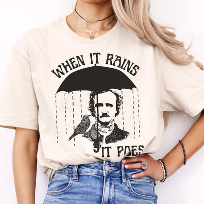 When It Rains It Poes Tee Natural / S T-Shirt The Mystic Eden Bookish Book Lovers
