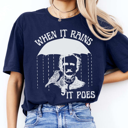 When It Rains It Poes Tee Navy / S T-Shirt The Mystic Eden Bookish Book Lovers