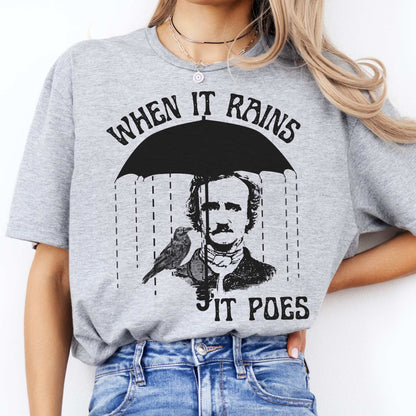When It Rains It Poes Tee Sport Grey / S T-Shirt The Mystic Eden Bookish Book Lovers