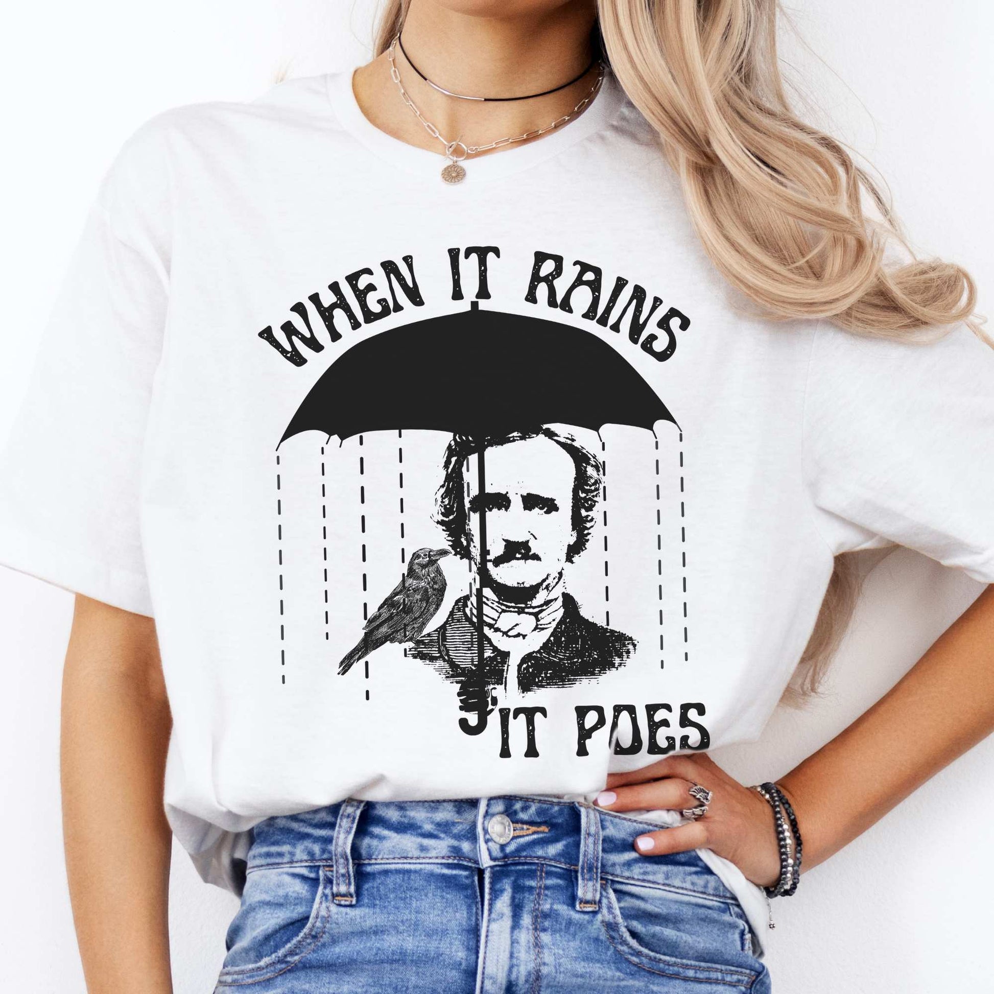 When It Rains It Poes Tee White / S T-Shirt The Mystic Eden Bookish Book Lovers