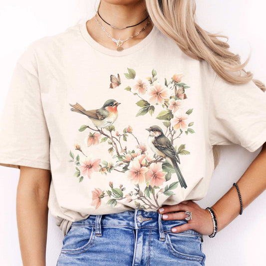 Whimsical birds and floral shirt cottagecore tee Natural / S T-Shirt The Mystic Eden Bookish Book Lovers