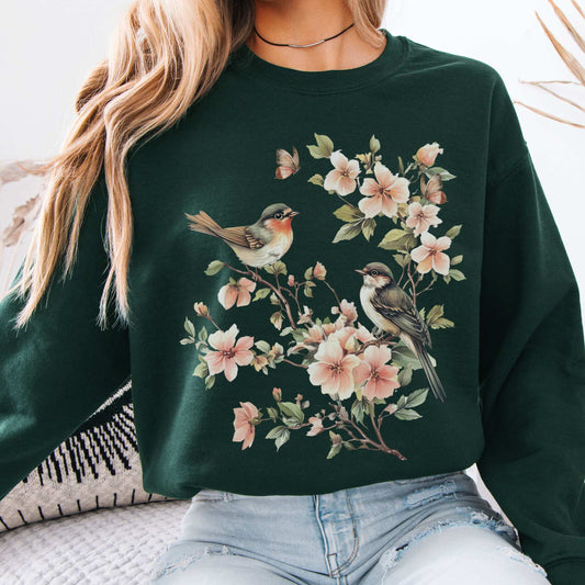 Whimsical Birds Floral Cottagecore Sweatshirt Forest Green / S Sweatshirt The Mystic Eden Bookish Book Lovers