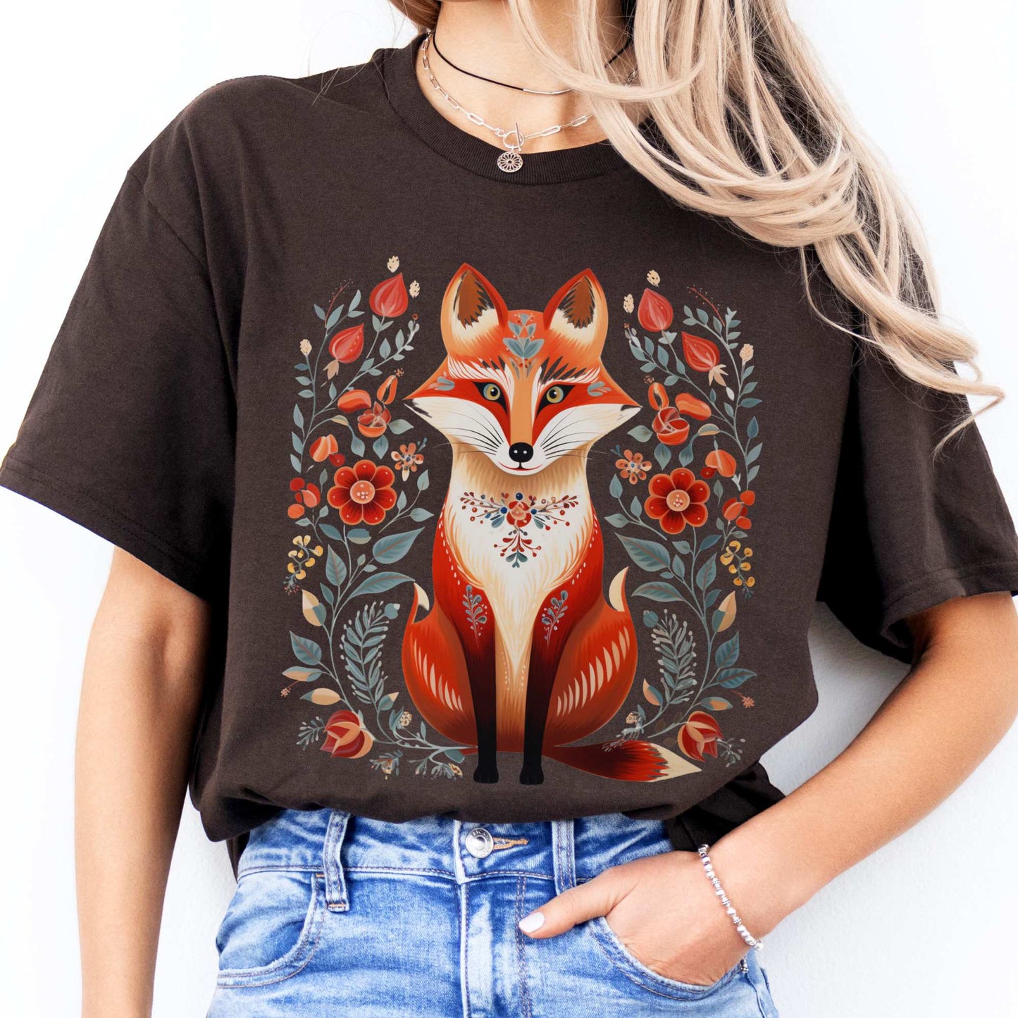 Whimsical Scandinavian Folk Art Fox Shirt Dark Chocolate / S T-Shirt The Mystic Eden Bookish Book Lovers