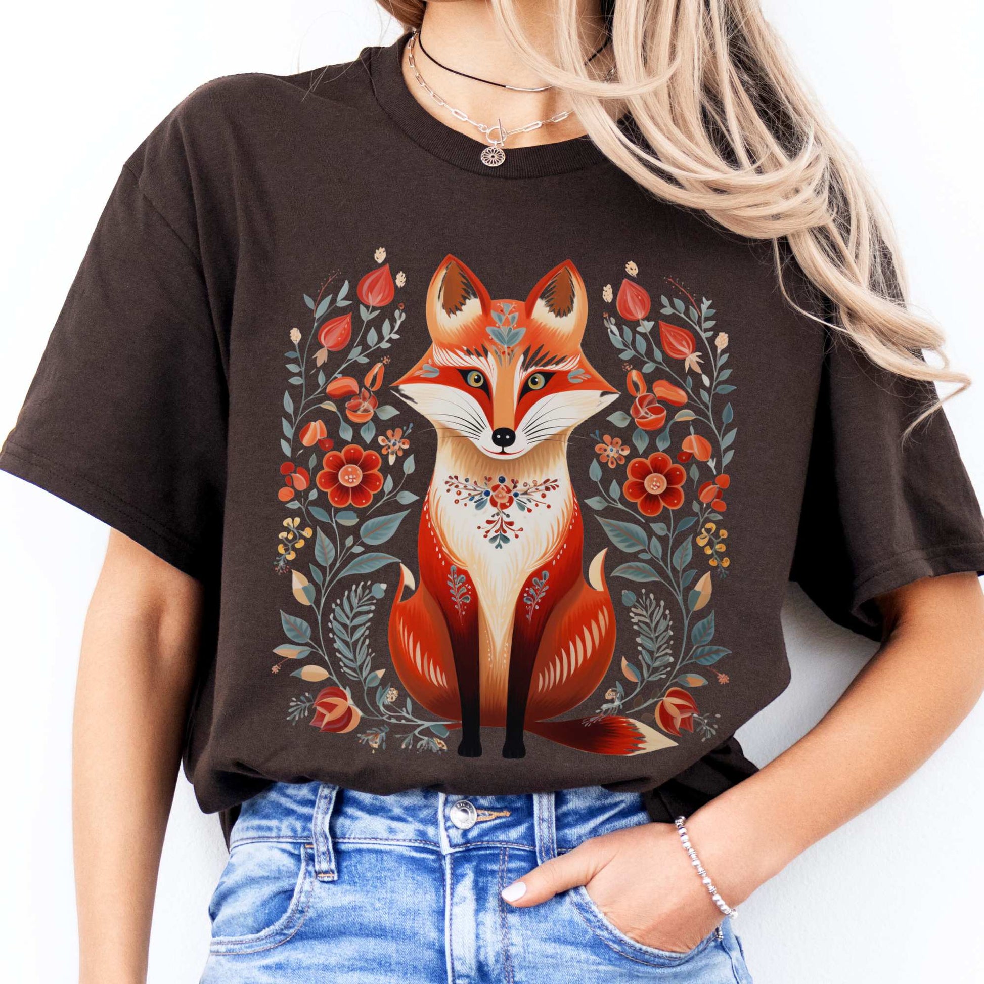 Whimsical Scandinavian Folk Art Fox Shirt Dark Chocolate / S T-Shirt The Mystic Eden Bookish Book Lovers