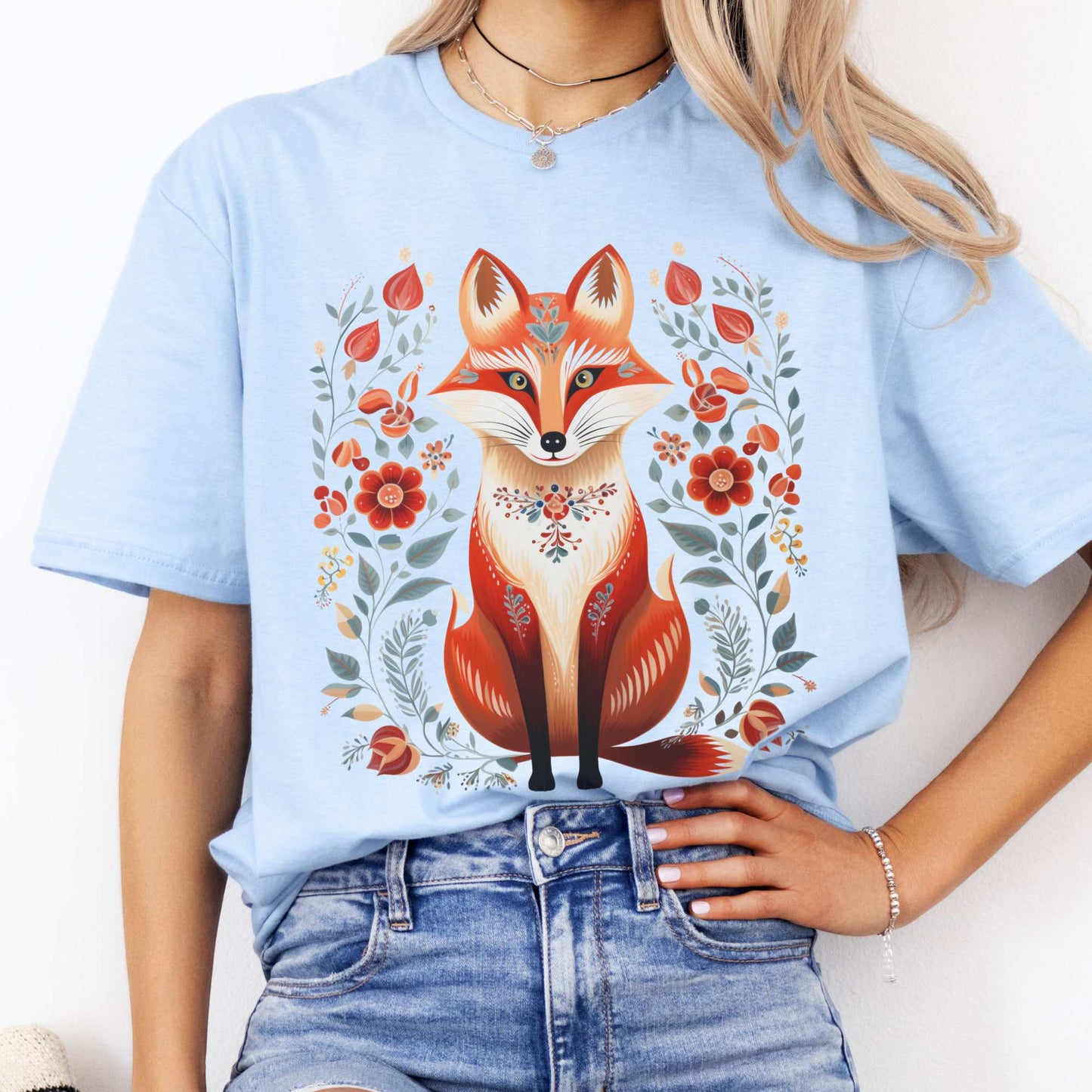 Whimsical Scandinavian Folk Art Fox Shirt Light Blue / S T-Shirt The Mystic Eden Bookish Book Lovers