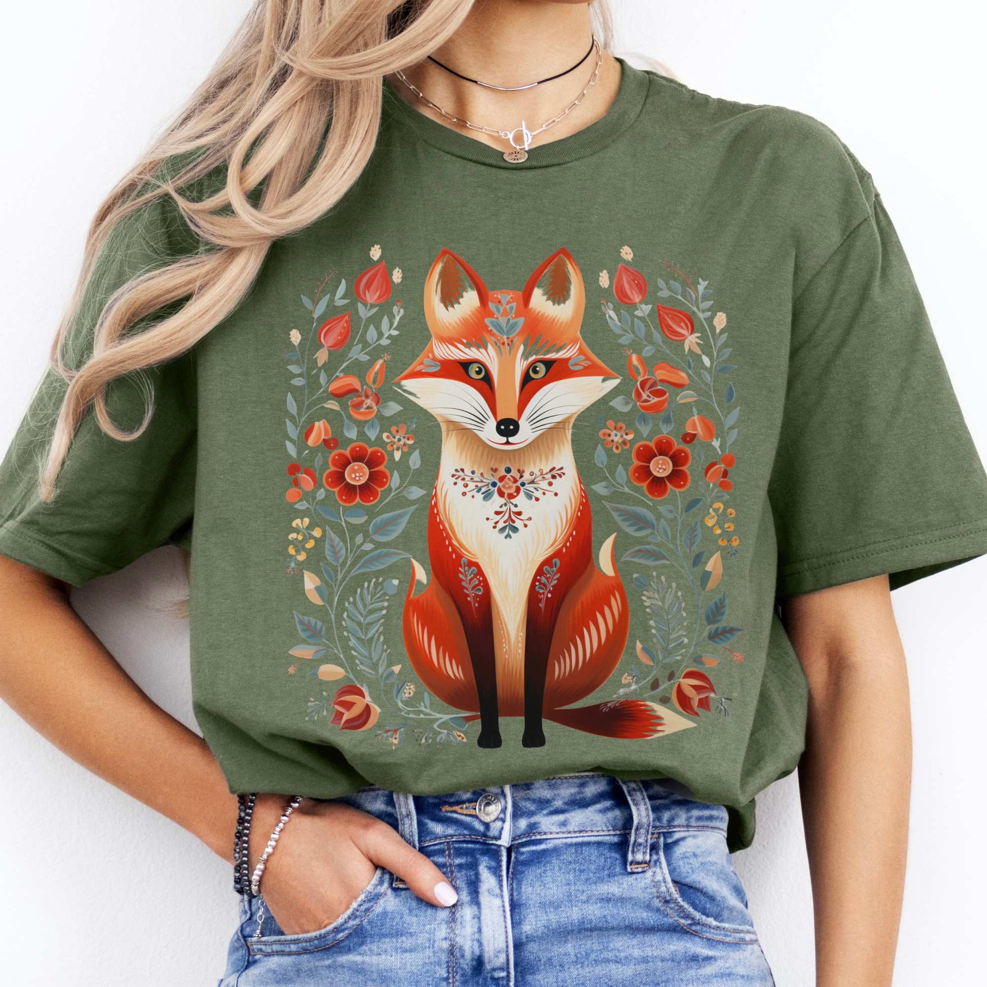 Whimsical Scandinavian Folk Art Fox Shirt Military Green / S T-Shirt The Mystic Eden Bookish Book Lovers