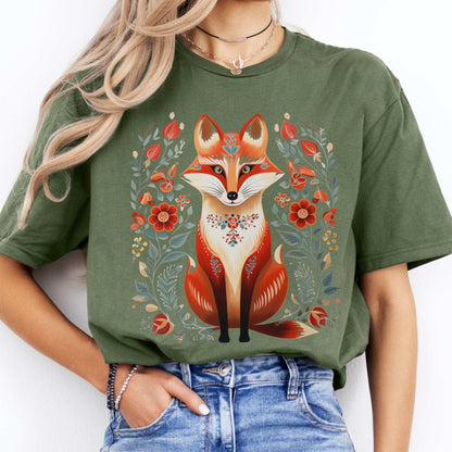 Whimsical Scandinavian Folk Art Fox Shirt Military Green / S T-Shirt The Mystic Eden Bookish Book Lovers
