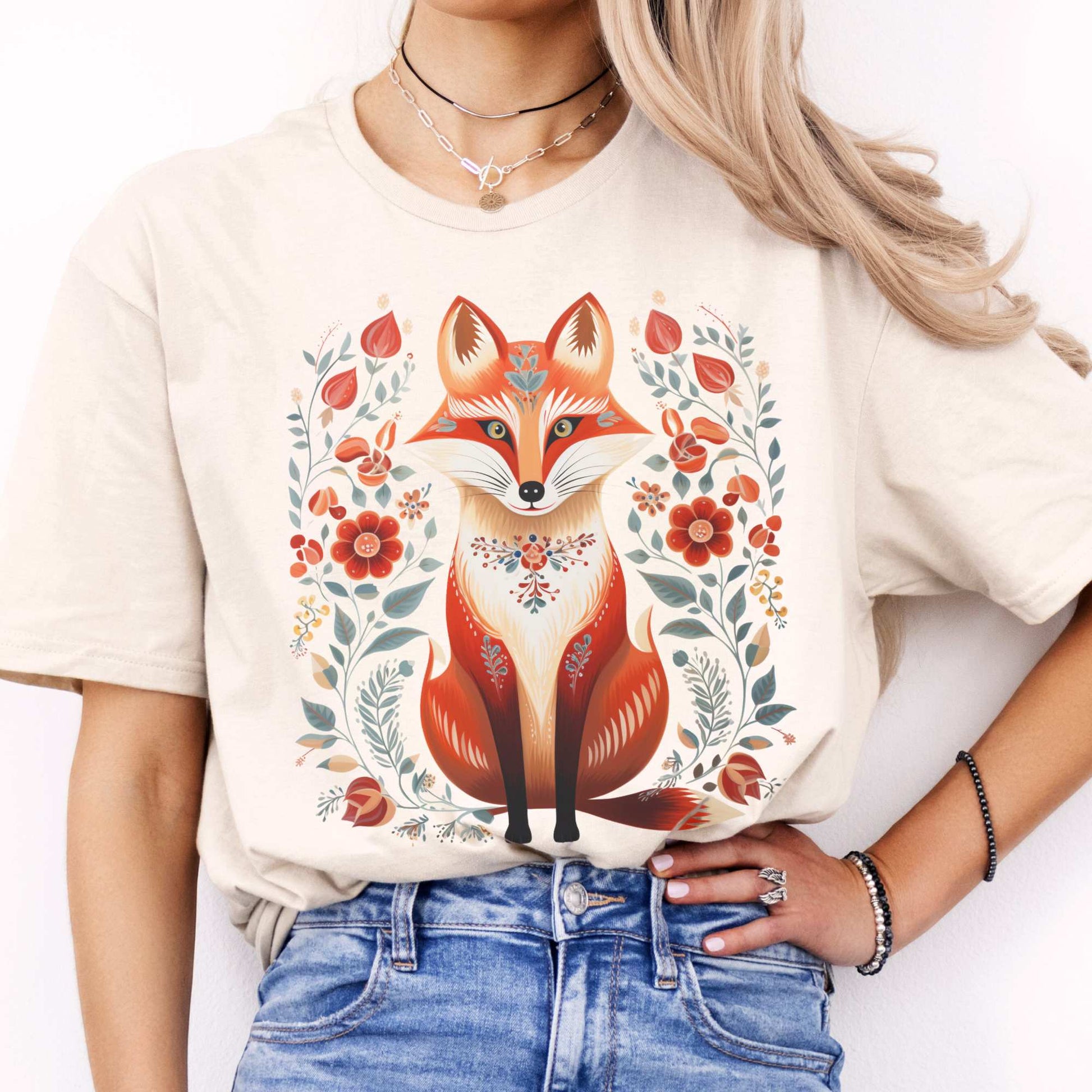 Whimsical Scandinavian Folk Art Fox Shirt Natural / S T-Shirt The Mystic Eden Bookish Book Lovers