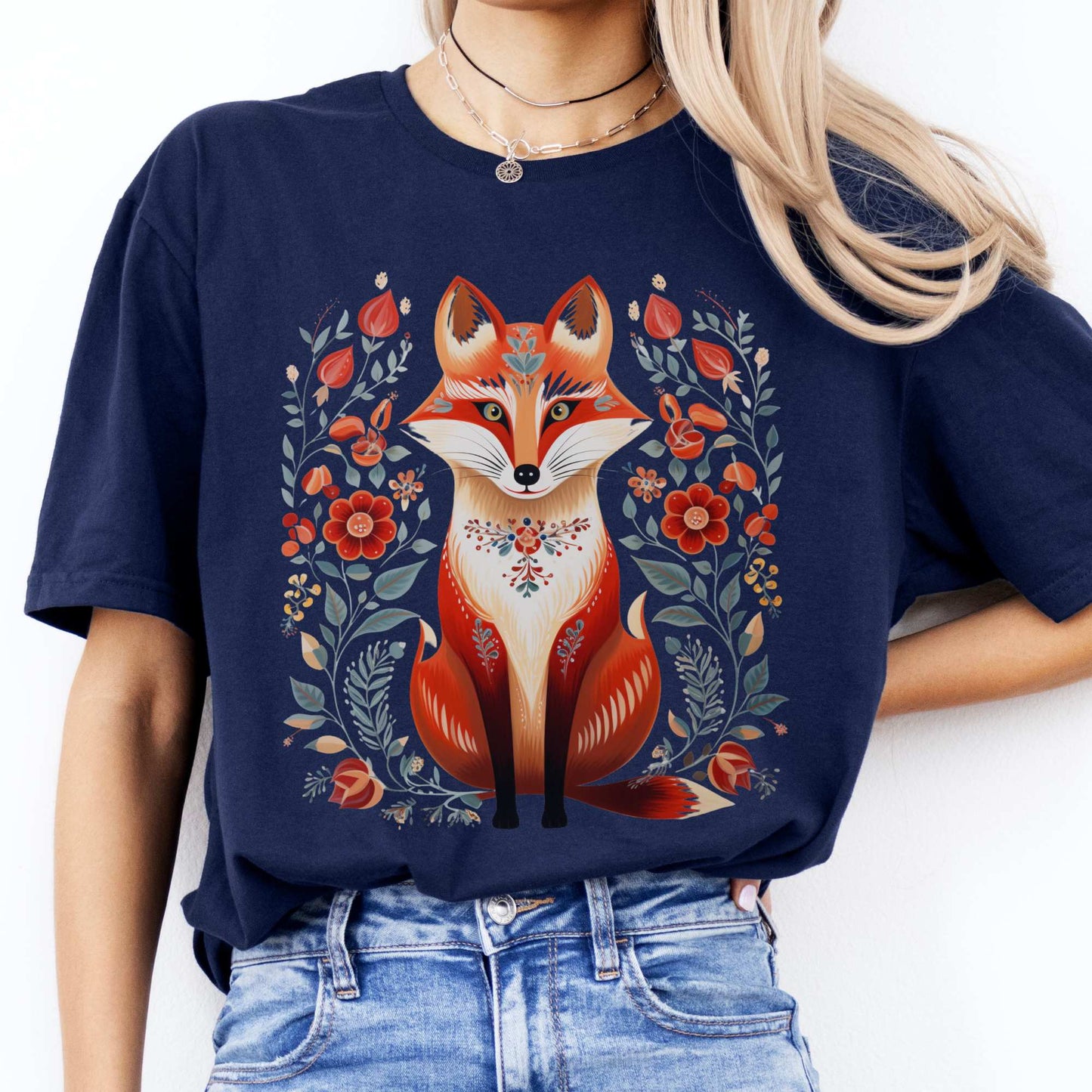 Whimsical Scandinavian Folk Art Fox Shirt Navy / S T-Shirt The Mystic Eden Bookish Book Lovers
