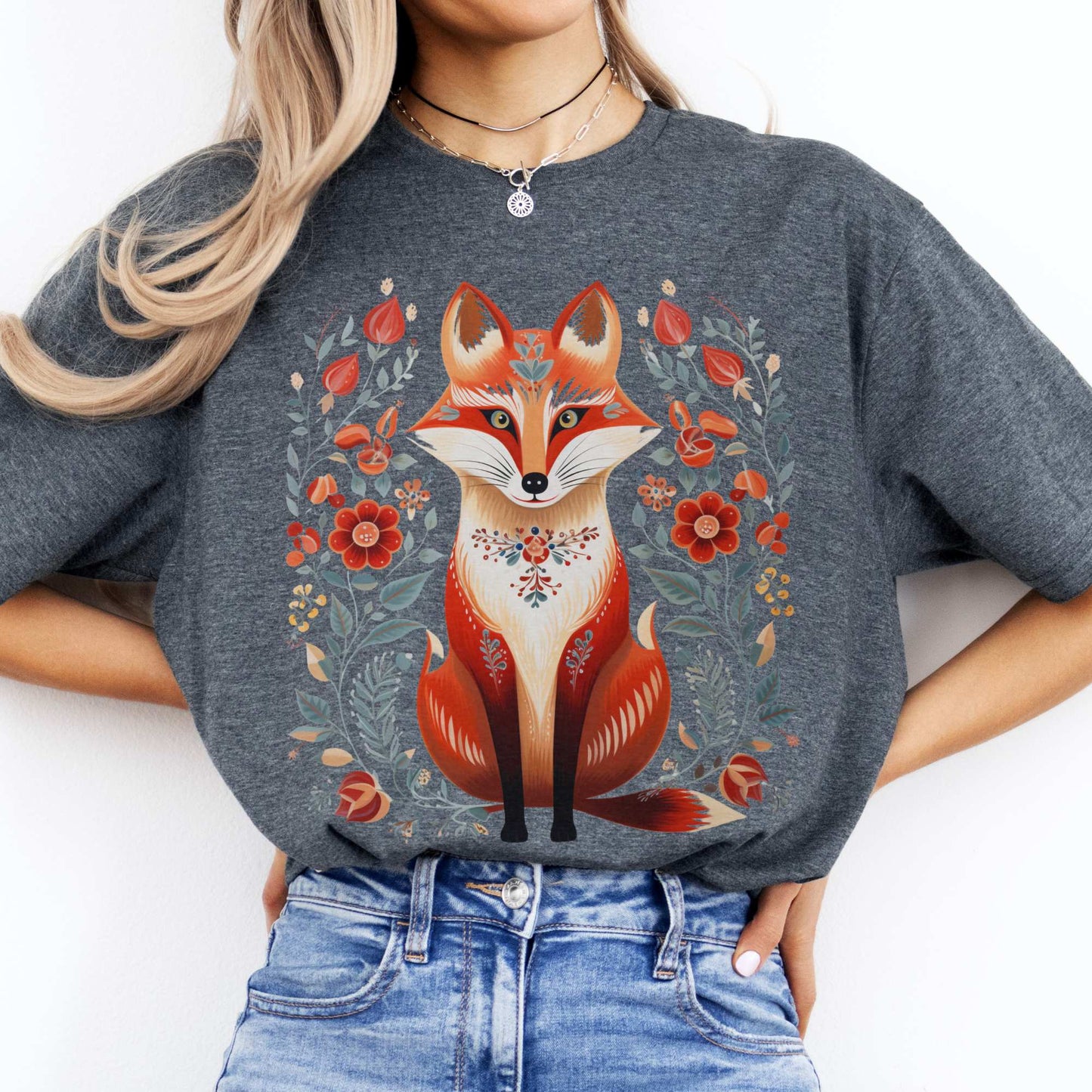 Whimsical Scandinavian Folk Art Fox Shirt Sport Grey / S T-Shirt The Mystic Eden Bookish Book Lovers