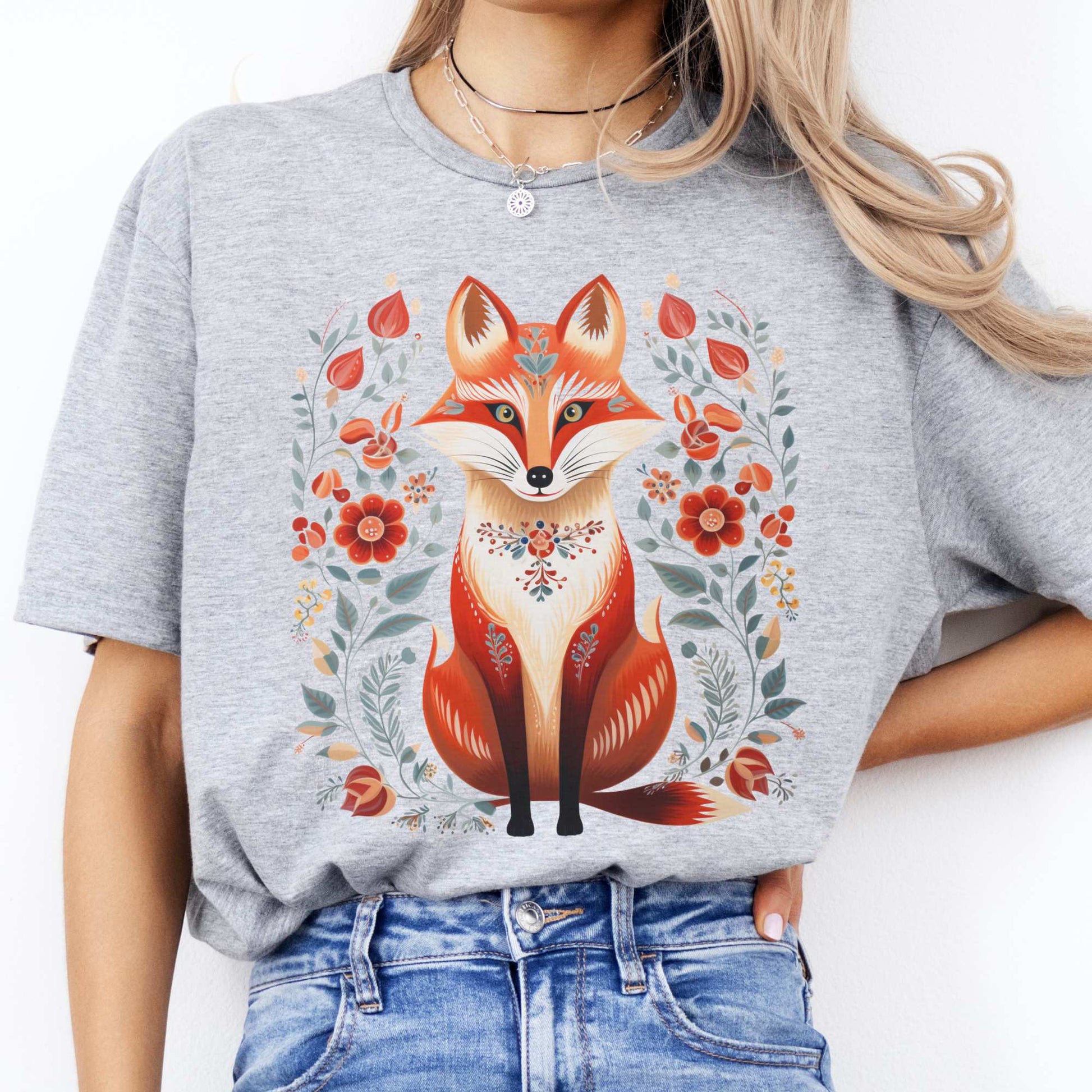 Whimsical Scandinavian Folk Art Fox Shirt T-Shirt The Mystic Eden Bookish Book Lovers
