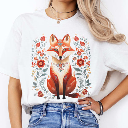 Whimsical Scandinavian Folk Art Fox Shirt White / S T-Shirt The Mystic Eden Bookish Book Lovers