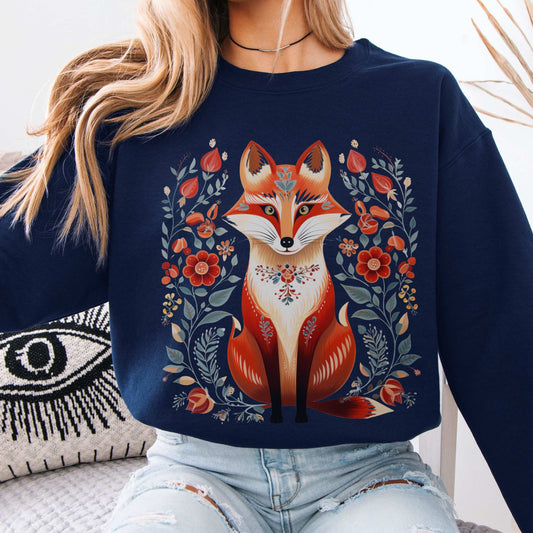 Whimsical Scandinavian Folk Art Fox Sweatshirt Navy / S Sweatshirt The Mystic Eden Bookish Book Lovers