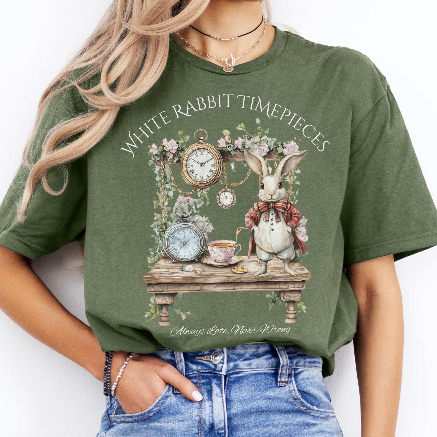 White Rabbit Timepieces Shirt Alice in Wonderland Military Green / S T-Shirt The Mystic Eden Bookish Book Lovers