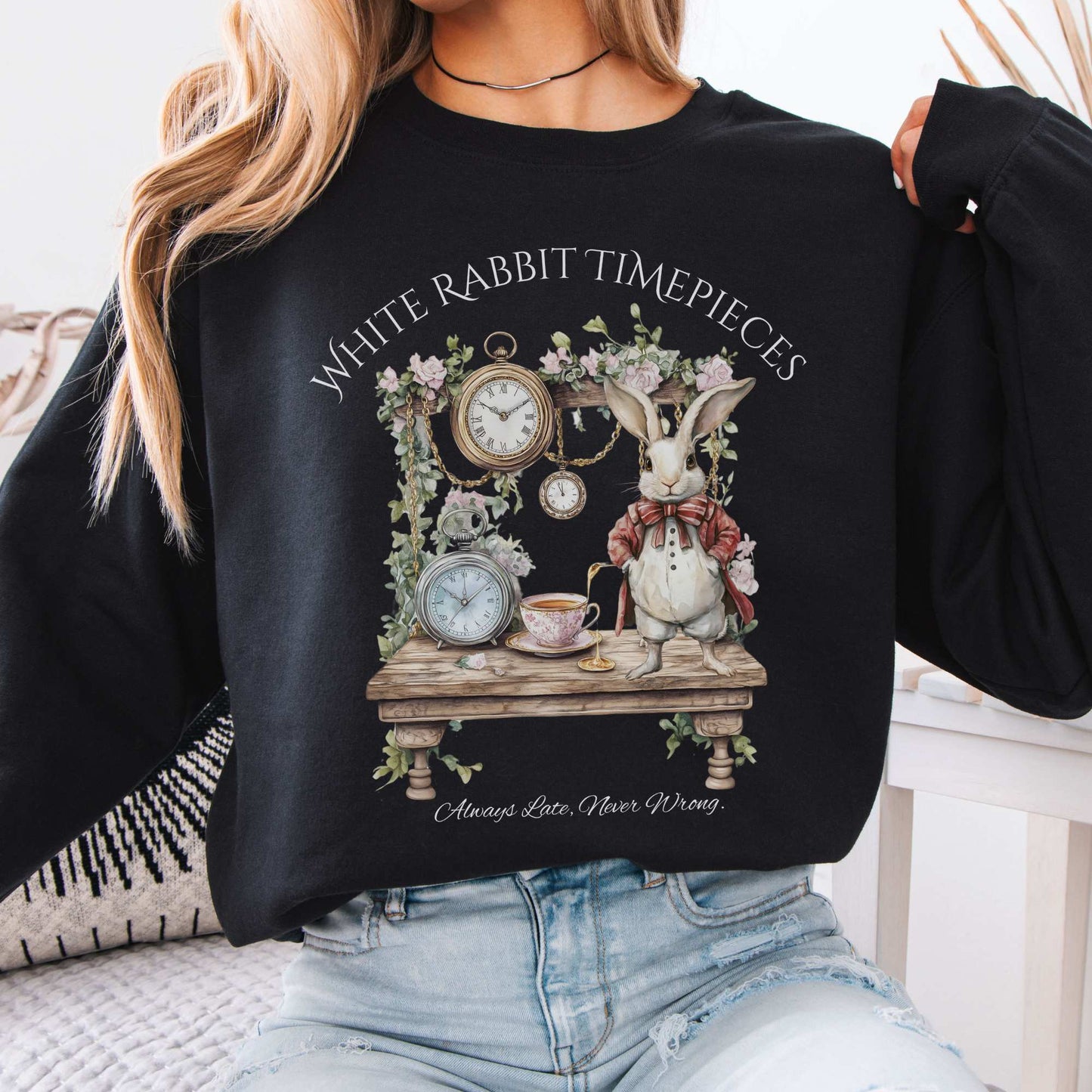 White Rabbit Timepieces Sweatshirt Alice in Wonderland Black / S Sweatshirt The Mystic Eden Bookish Book Lovers