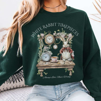 White Rabbit Timepieces Sweatshirt Alice in Wonderland Forest Green / S Sweatshirt The Mystic Eden Bookish Book Lovers