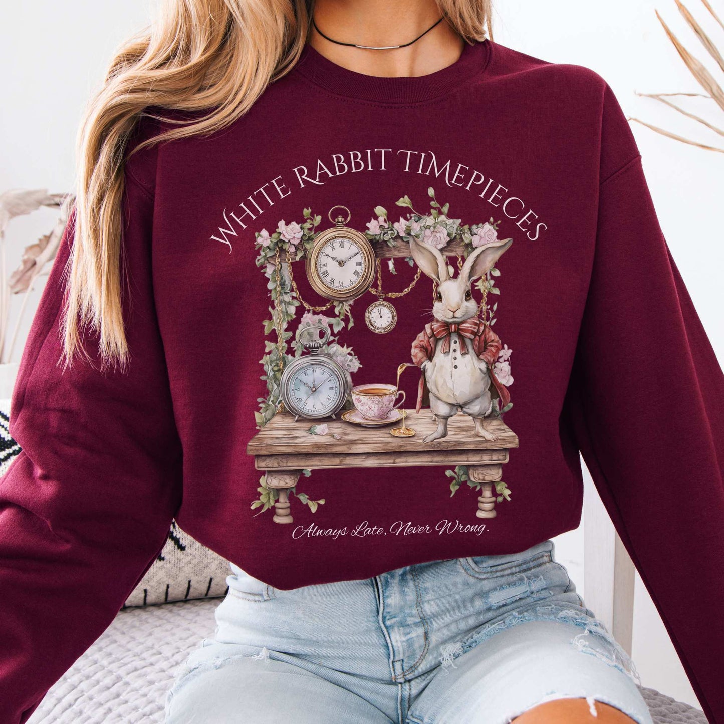 White Rabbit Timepieces Sweatshirt Alice in Wonderland Maroon / S Sweatshirt The Mystic Eden Bookish Book Lovers