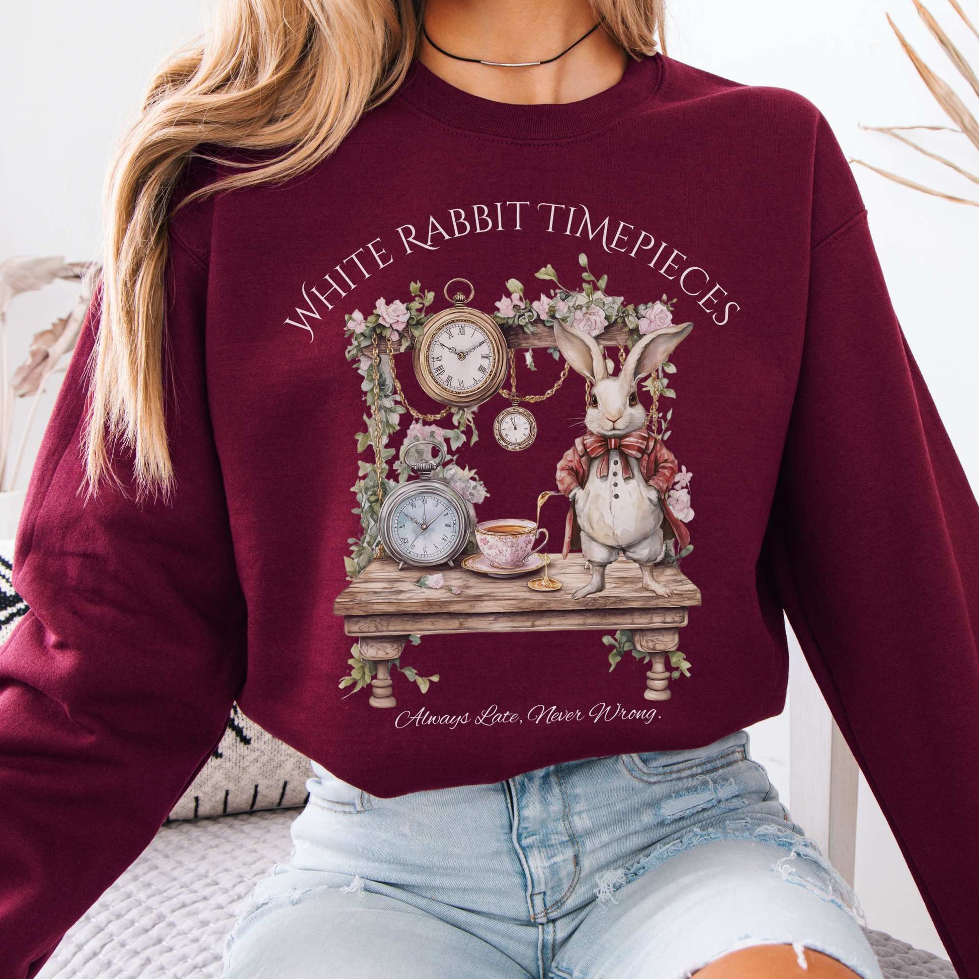 White Rabbit Timepieces Sweatshirt Alice in Wonderland Maroon / S Sweatshirt The Mystic Eden Bookish Book Lovers