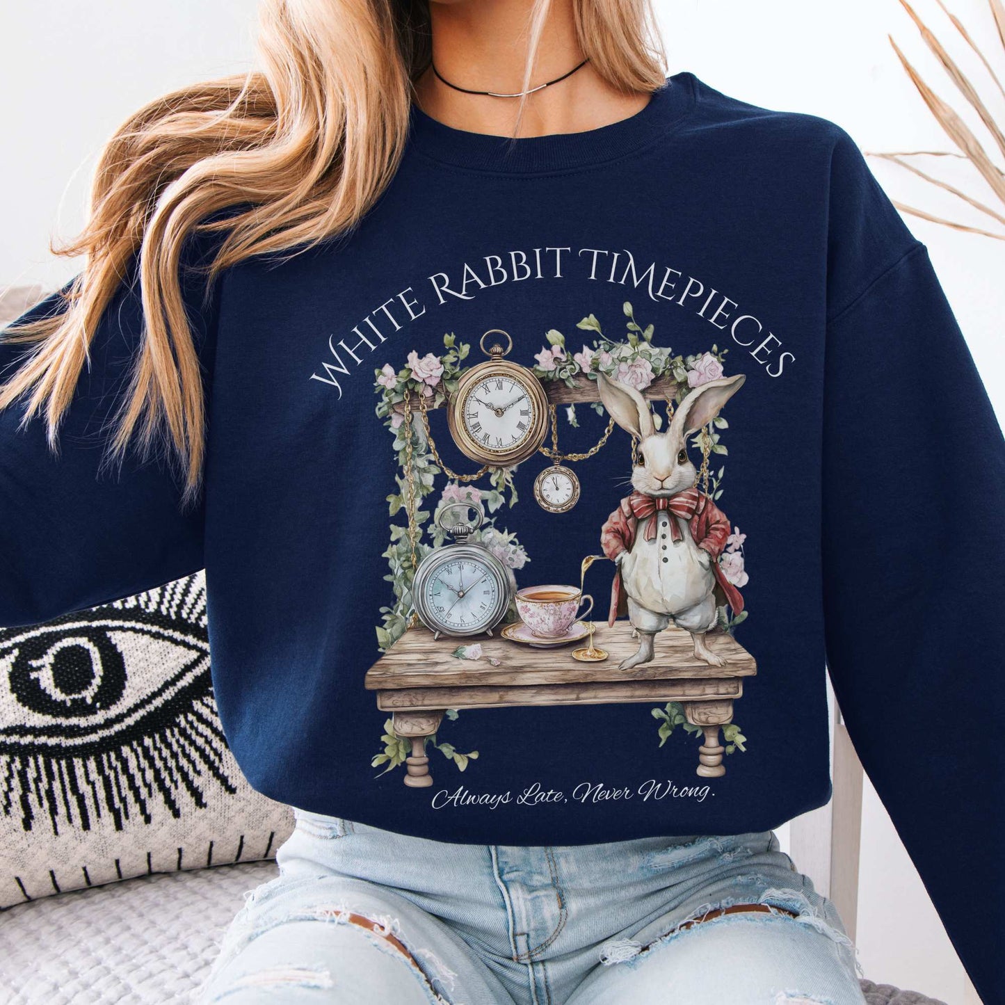 White Rabbit Timepieces Sweatshirt Alice in Wonderland Navy / S Sweatshirt The Mystic Eden Bookish Book Lovers