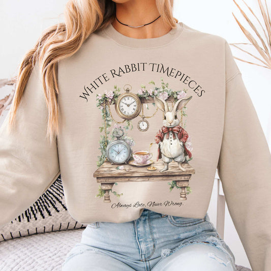 White Rabbit Timepieces Sweatshirt Alice in Wonderland Sand / S Sweatshirt The Mystic Eden Bookish Book Lovers