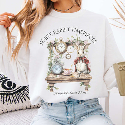White Rabbit Timepieces Sweatshirt Alice in Wonderland White / S Sweatshirt The Mystic Eden Bookish Book Lovers
