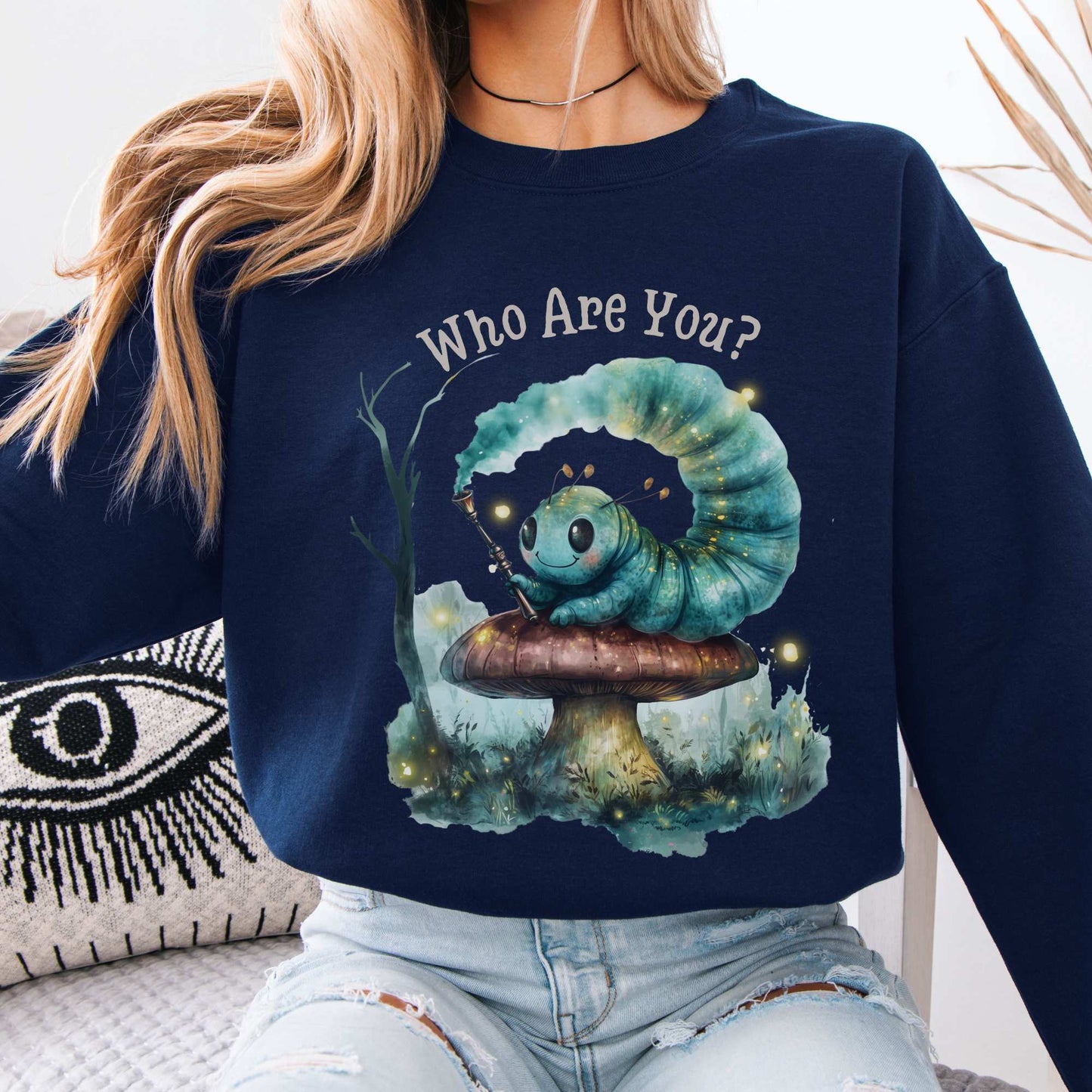 Who are you Caterpillar Alice's Adventures in Wonderland Sweatshirt Navy / S Sweatshirt The Mystic Eden Bookish Book Lovers