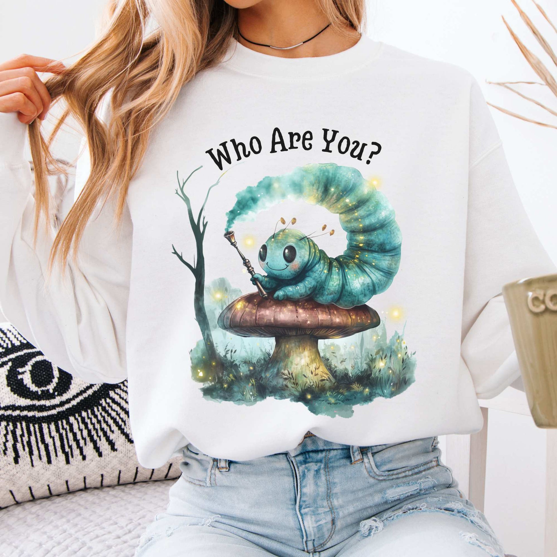 Who are you Caterpillar Alice's Adventures in Wonderland Sweatshirt White / S Sweatshirt The Mystic Eden Bookish Book Lovers