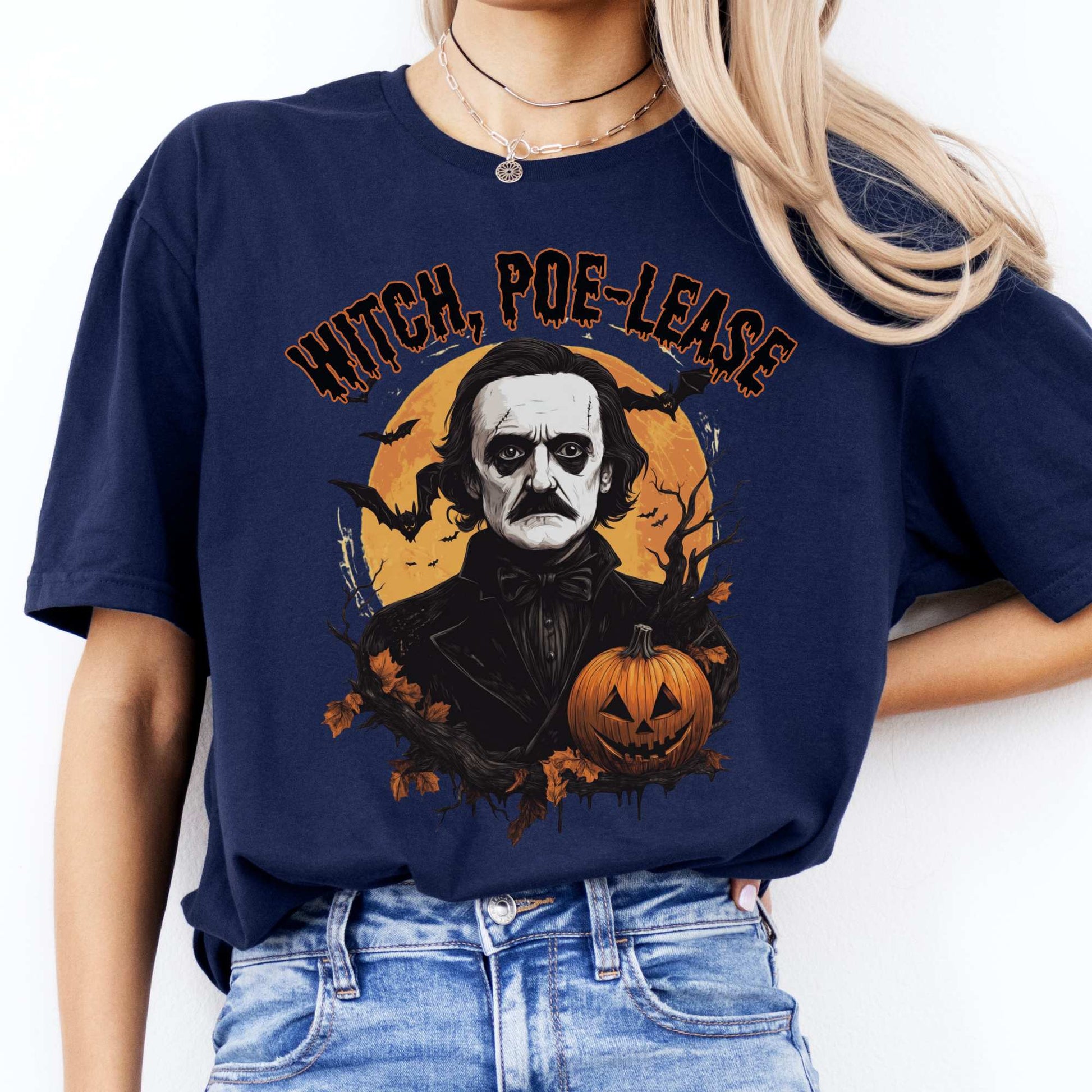 Witch Poe-lease Edgar Allan Poe Halloween Shirt Navy / S T-Shirt The Mystic Eden Bookish Book Lovers