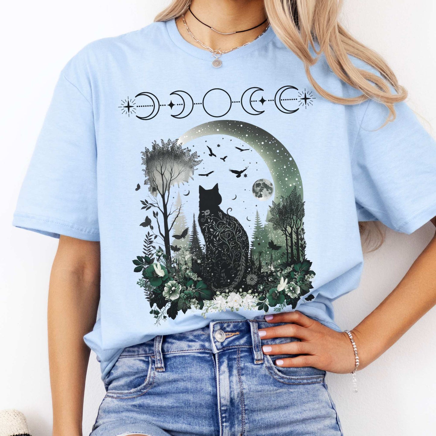 Witchy Black Cat Shirt Light Blue / S T-Shirt The Mystic Eden Bookish Book Lovers