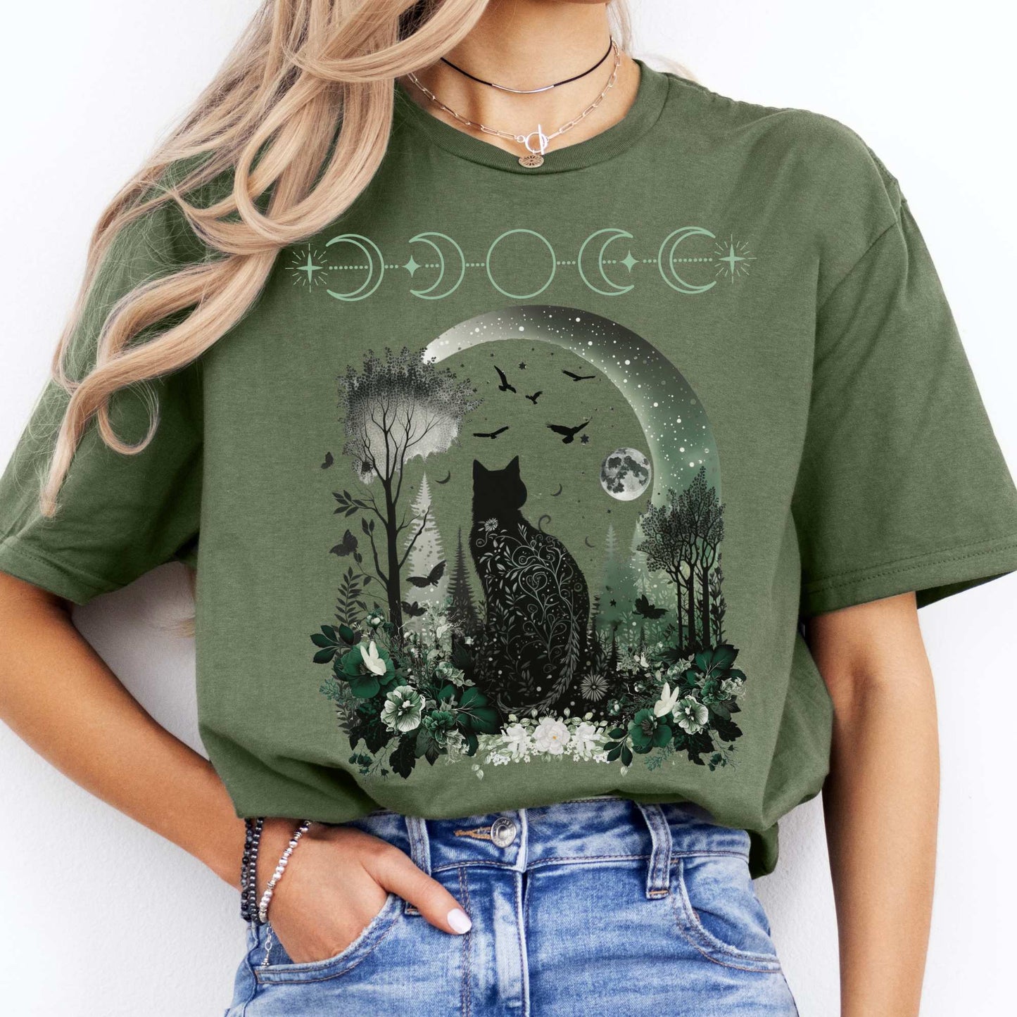 Witchy Black Cat Shirt Military Green / S T-Shirt The Mystic Eden Bookish Book Lovers