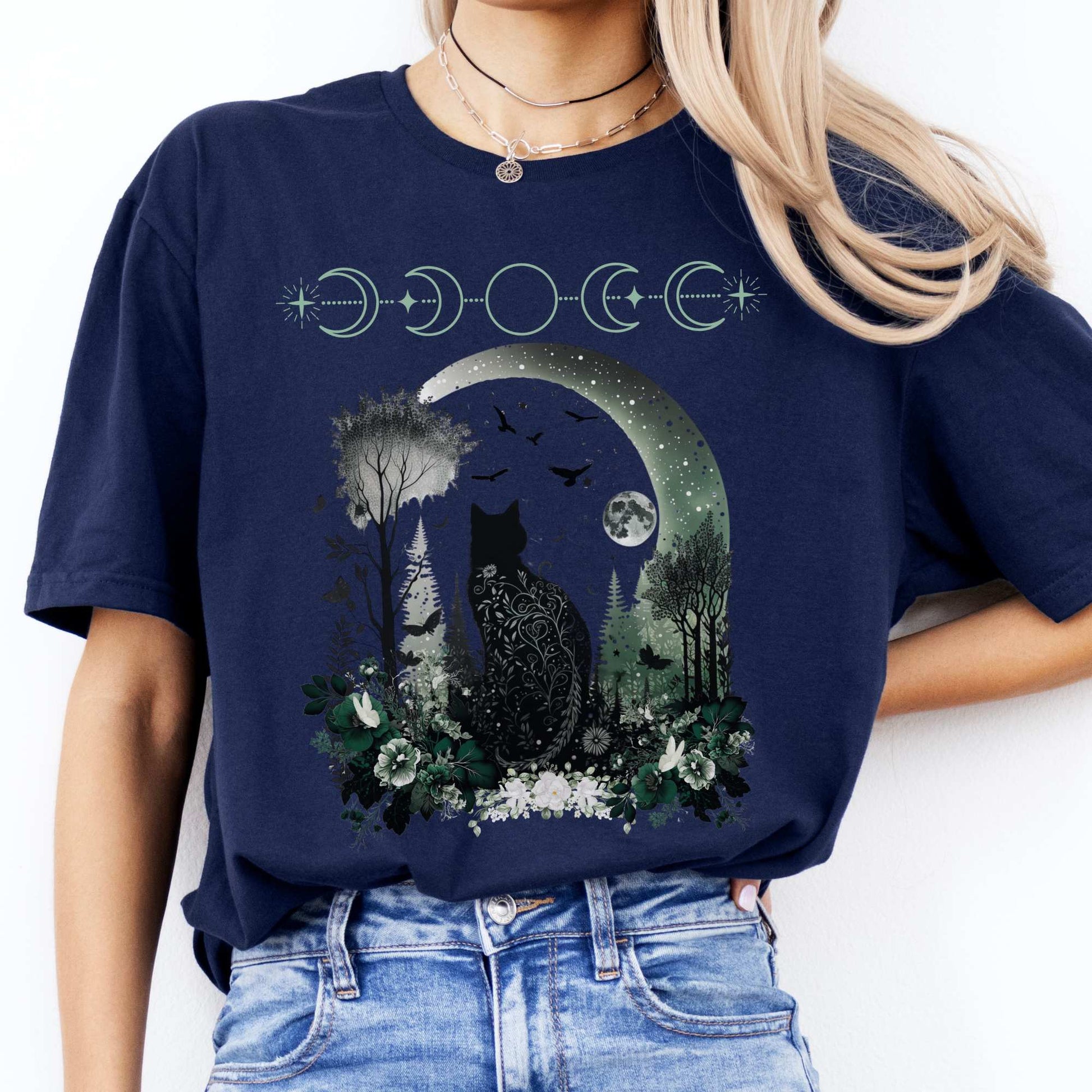 Witchy Black Cat Shirt Navy / S T-Shirt The Mystic Eden Bookish Book Lovers