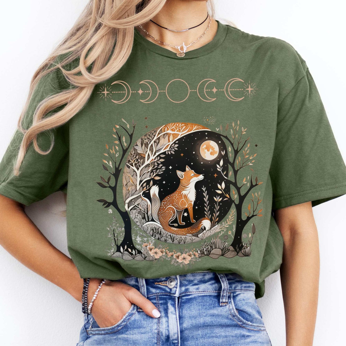 Witchy Fox Whimsigoth T-shirt Military Green / S T-Shirt The Mystic Eden Bookish Book Lovers