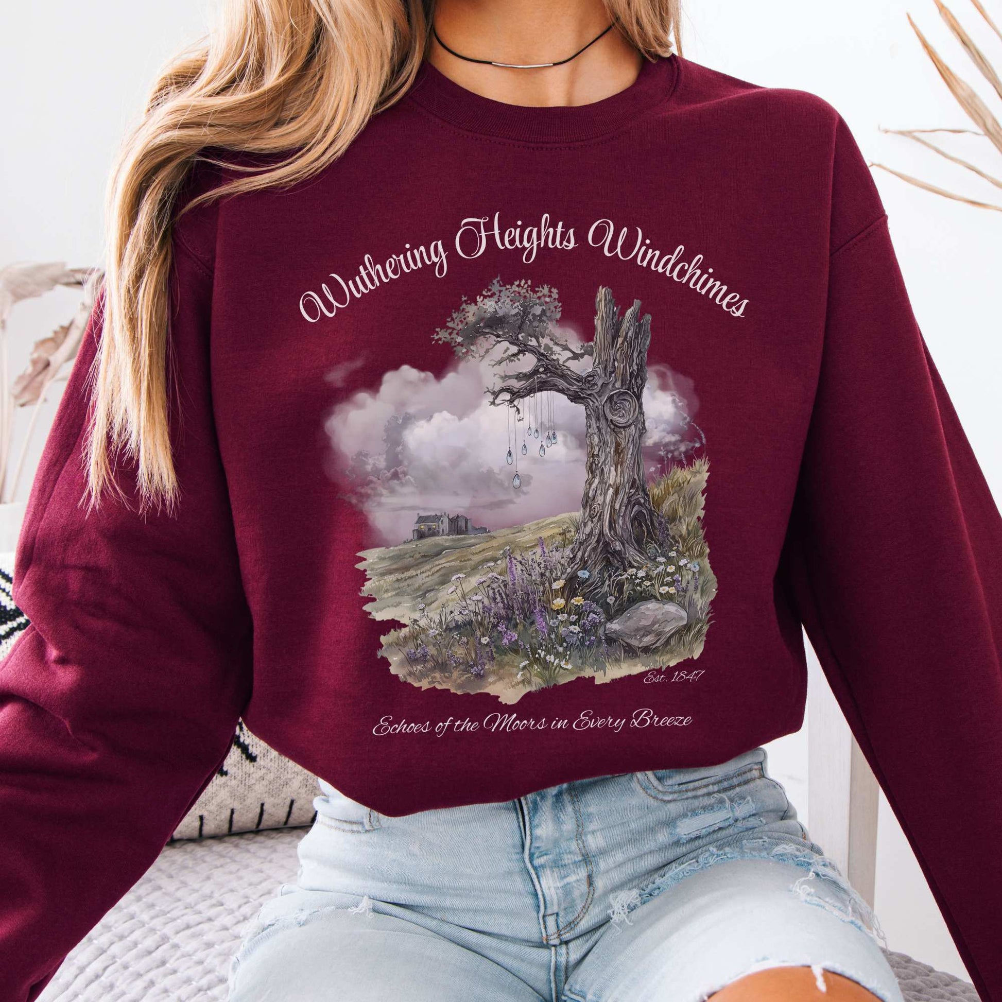 Wuthering Heights Windchimes Brontë Sweatshirt Maroon / S Sweatshirt The Mystic Eden Bookish Book Lovers